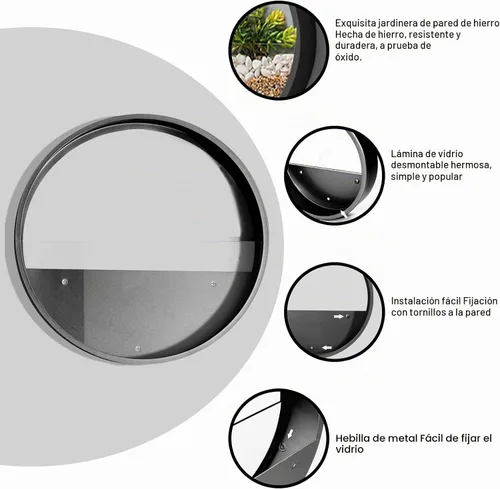 Vista 2 de Juego de 3 macetas de pared, modernas macetas redondas de vidrio para suculentas, maceta circular colgante de hierro para hierbas, cactus pequeño