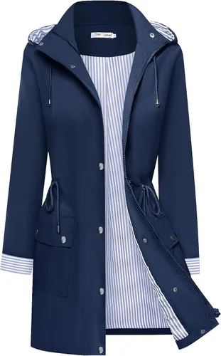 Vista 10 de BBX Lephsnt Abrigos de lluvia para mujer, chaqueta impermeable ligera, rompevientos para exteriores, gabardina con capucha A-verde militar