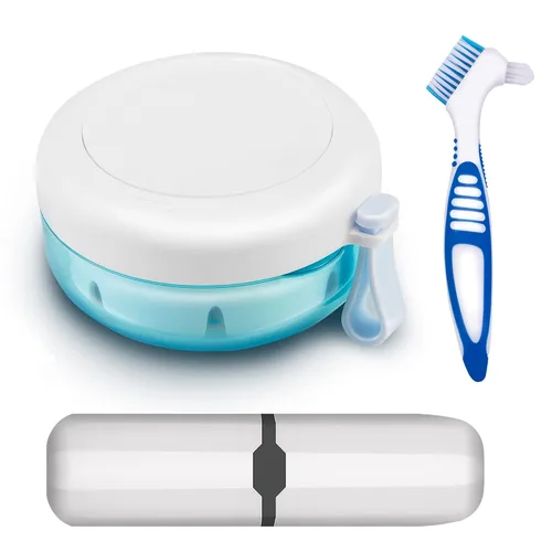 Vista 7 de Estuche de dentadura postiza, definitivamente sin fugas, caja de baño para dentadura para viajar perfectamente, taza de dentadura con colador y Negro