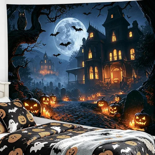 Vista 27 de LB Tapiz espeluznante de cementerio de Halloween, lápida aterradora con árboles muertos, tapiz de bosque para colgar en la pared, tapiz de fondo
