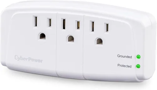 Vista 2 de Protector de sobretensión para 1 enchufe, de la marca CyberPower, 100 W, 900 J 3 tomas de corriente