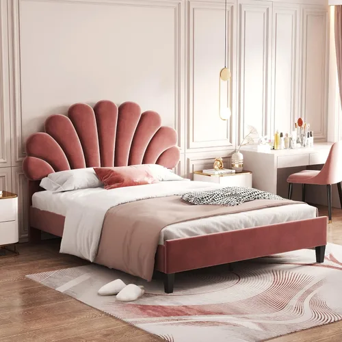 Vista 12 de Harper & Bright Designs Cama de plataforma, tamaño matrimonial, marco de cama tapizado de madera con cabecera de terciopelo con patrón de flores