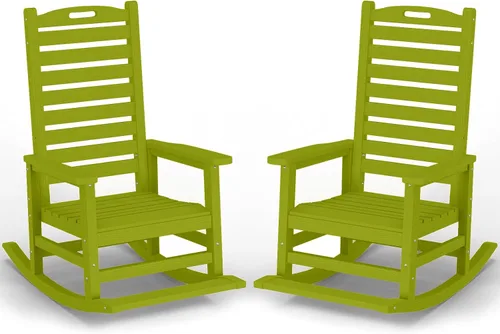Vista 16 de PLUUV Silla mecedora de exterior con reposapiés extraíble para adultos, sillas mecedoras de patio de respaldo alto HDPE, sillas mecedoras de porche