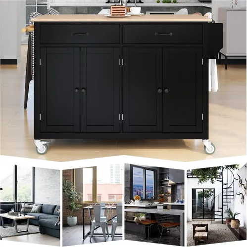 Vista 8 de Isla de cocina con ruedas con escritorio de madera maciza, mesa de isla de cocina con 2 cajones, carrito de isla de cocina con armario