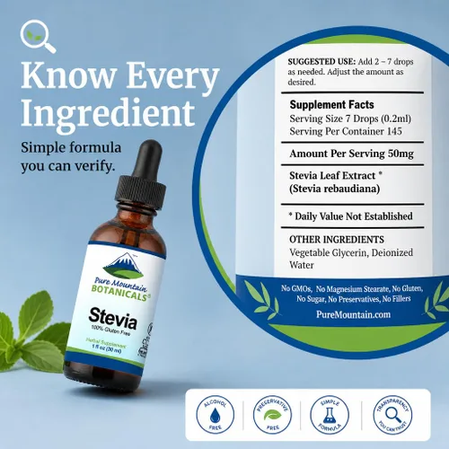 Vista 7 de Pure Mountain Botanicals Liquid Stevia Drops – Extracto de hoja de stevia edulcorante natural – Sin azúcar, Keto bajo en carbohidratos, vegano, sin