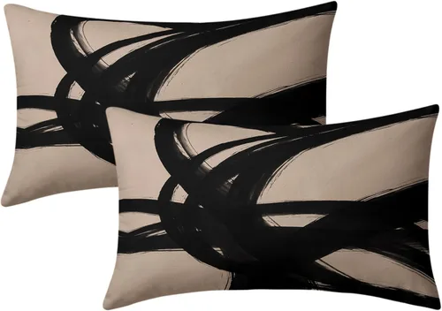 Vista 14 de Juego de 2 fundas de almohada de línea de arte abstracto negro y marrón de 16 x 16 pulgadas, juego de 2 fundas de almohada decorativas con estampado