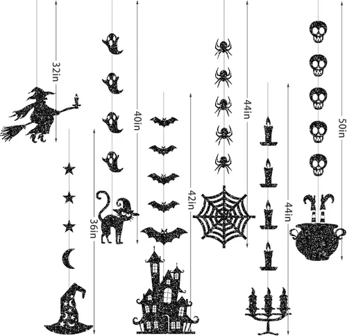 Vista 4 de Guirnalda colgante de Halloween negra con purpurina, fantasmas, brujas, murciélagos, arañas, casa encantada, gato y más, suministros de fiesta