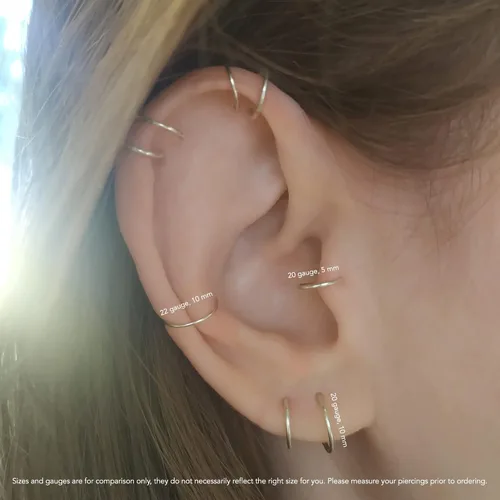 Vista 7 de Aretes de aro pequeños de plata de ley dorada para mujer, cartílago, nariz, hélix, tragus