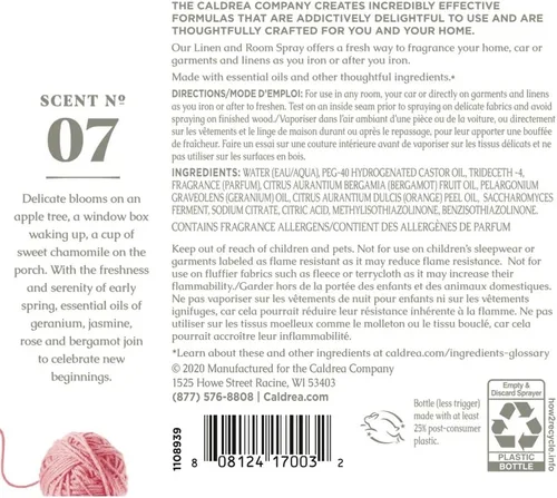 Vista 2 de Caldrea Ambientador en aerosol de lino y habitación, hecho con aceites esenciales, ingredientes derivados de plantas, aroma a guisante dulce, 16