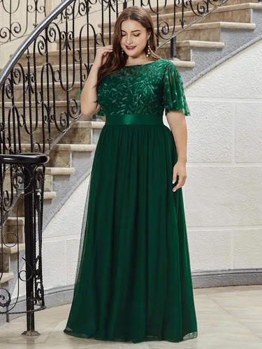 Vista 3 de Ever-Pretty Vestido de fiesta de noche de tul con lentejuelas y cuello redondo de talla grande para mujer 0904-PZ