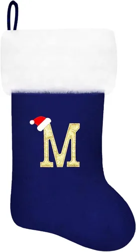 Vista 90 de Calcetines de Navidad bordados de 20 pulgadas con monograma, terciopelo negro con puño de felpa blanca supersuave, adornos clásicos para decoración