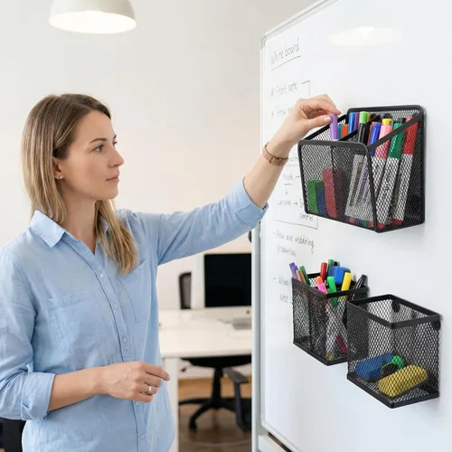 Vista 8 de Neudeco Organizador de estante para casillero, soporte magnético para lápices, cesta de almacenamiento de metal para pizarra blanca, refrigerador