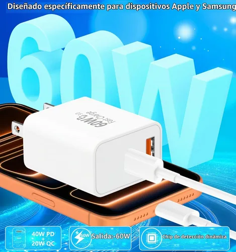 Vista 4 de Cargador para iPhone 17 de carga rápida, 60W GaN PD y QC Cargador de pared Bloque y cable Cargador de puerto Doul con cable USB C a tipo C de 6