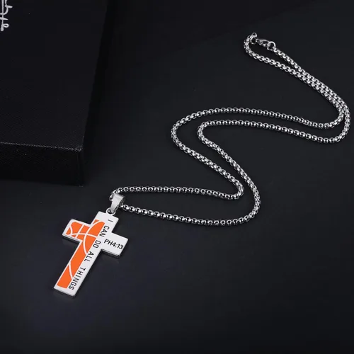 Vista 4 de Susook Basketball Cross Necklace for Boys Bible Verse I CAN DO All Things Stainless Steel Sport Pendant for Men