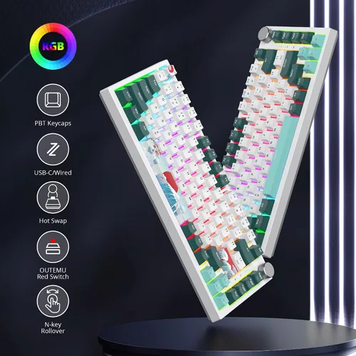 Vista 7 de Fogruaden Teclado mecánico con cable 75% intercambiable en caliente, interruptor rojo, teclado mecánico TKL, montaje de junta, teclado compacto