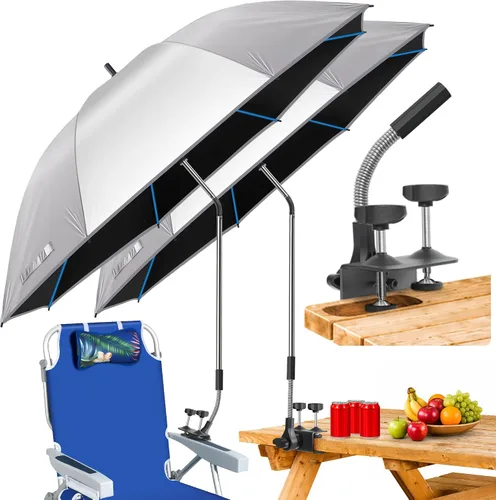 Vista 8 de Sombrilla de playa, paquete de 2 paraguas para silla de 48.7 pulgadas con abrazadera ajustable de 360°, protección UV, sombrilla grande para silla
