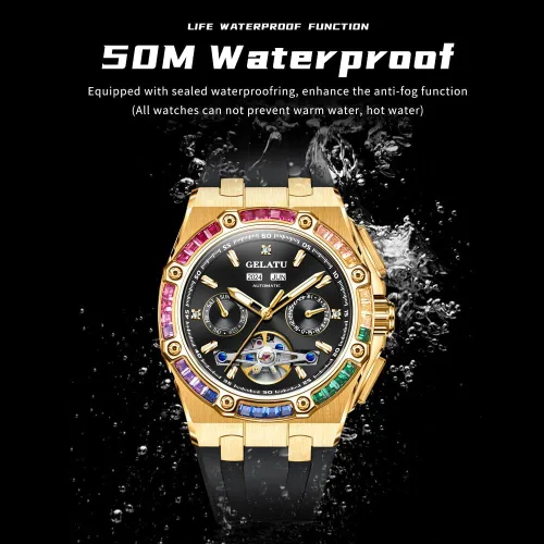 Vista 6 de Diamond Skeleton Mens Watches Automatic Mechanical Luxury Watch Sapphire Crystal Waterproof Luminous Wristwatch Silicone Band