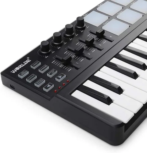 Vista 8 de Vangoa Controlador de Teclado MIDI 25 Teclas, Worlde Panda MINI Teclado USB Midi con Almohadillas de Percusión, Máquina Creadora de Ritmos, Negro