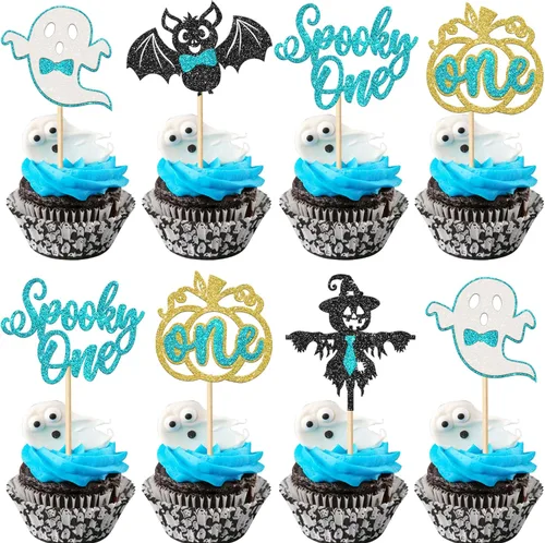 Vista 15 de Paquete de 24 adornos para cupcakes de Halloween con purpurina rosa, fantasma, pequeño abucheo, murciélago, bruja, gato, calabaza, magdalena