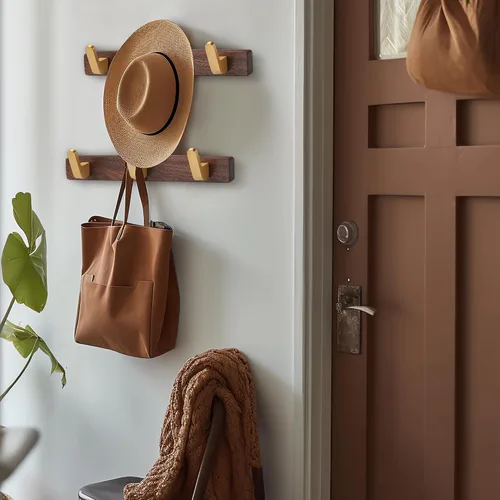 Vista 5 de Perchero montado en la pared, perchero colgante de entrada, riel para abrigos de metal y madera con 3 ganchos rústicos para abrigo, bufanda, bolsa