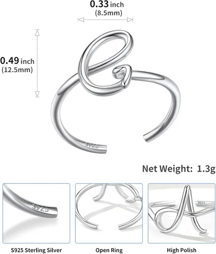 Vista 4 de SILVERCUTE S925 Initial Rings, Adjustable Size 6-12 Statement Alphabet Letter A-Z Jewelry Personalized Twisted Initials Rings Sterling Silver