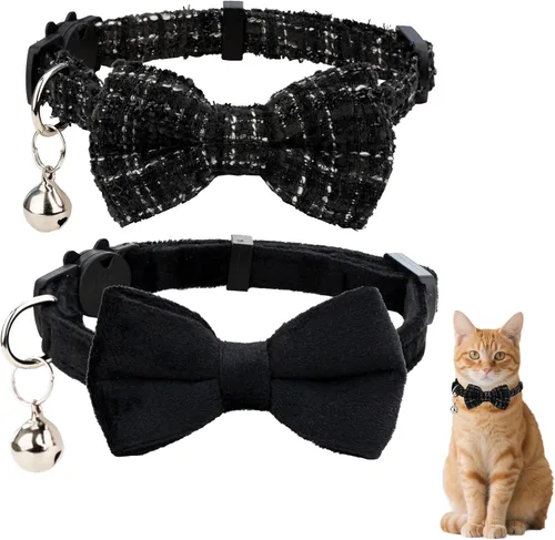 Vista 17 de Collar de gato con campana para niño y niña, pajarita de seguridad, a cuadros, color sólido, conjunto de regalo, lindo festivo, [2 piezas], verde