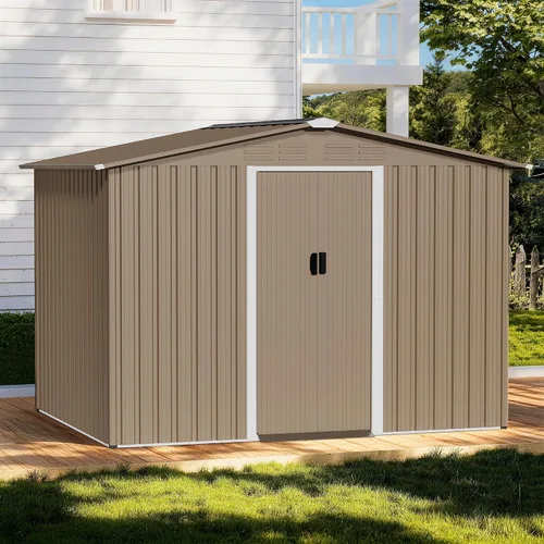 Vista 7 de Cobertizo de almacenamiento para exteriores de 8 x 6 pies con piso, cobertizo de herramientas de metal impermeable con puerta cerrada con puerta