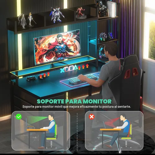 Vista 7 de Aheaplus Escritorio LED para Gaming con Hutch, 47.2'' Estación de Trabajo para Computadora, Negro
