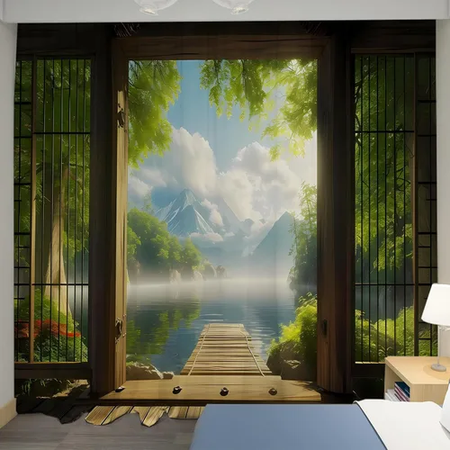 Vista 6 de Cortinas Opacas para Dormitorio - Balcones, Montañas, Océanos, Bosques - Cortinas con Aislamiento Térmico que Oscurecen la Habitación para Sala