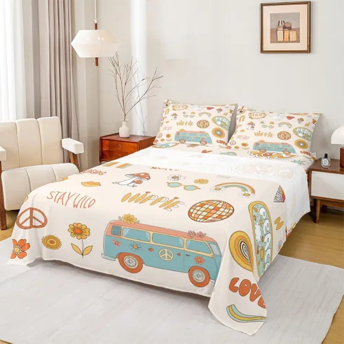 Vista 14 de Erosebridal Groovy - Juego de sábanas para decoración de fiesta para niñas y mujeres, diseño de signo de paz, tamaño individual, sábanas de mariposa