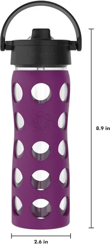 Vista 5 de Lifefactory - Botella de agua de vidrio de 16 onzas con tapa de pajita, color ciruela Funda protectora de silicona, tapa de pajita, asa
