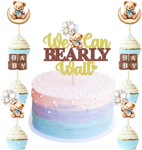 Vista 12 de 24 piezas de decoración para cupcakes con temática de "We Can Bearly Wait" Oso de globos brillantes, decoración temática de revelación de género