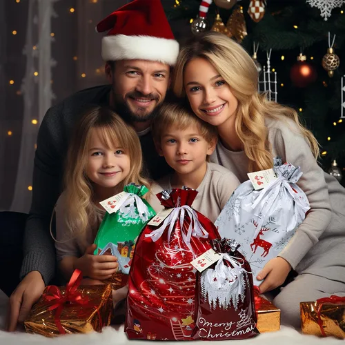 Vista 5 de Bolsas de regalo de Navidad con cordón, 20 bolsas de Navidad de varios tamaños para regalos, bolsas de plástico a granel, bolsas de regalo