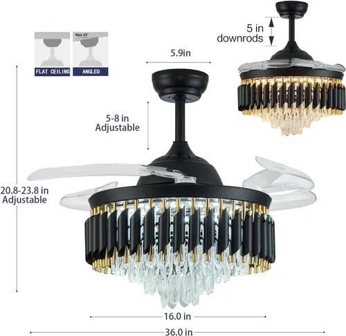 Vista 4 de Ventilador de techo regulable de cristal de 36 pulgadas con luces y control remoto, moderno ventilador de techo retráctil con luces para dormitorio