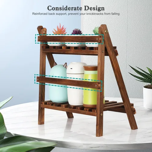 Vista 5 de Jotsport Soporte de mesa de 2 niveles para plantas, estilo escalón, organizador de almacenamiento de escritorio, estante de exhibición de madera