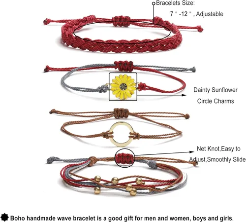 Vista 8 de Sunflower String Bracelet for Teen Girls Handmade Braided Rope Boho Bracelet Adjustable Waterproof Surfer Bracelet Aesthetic Strand Beach Bracelets