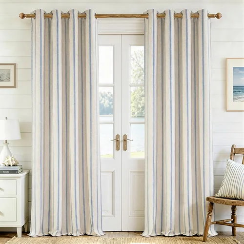 Vista 74 de DriftAway, cortinas de mezcla de lino estilo granja 100% opacas de 63 pulgadas de largo para dormitorio, cortinas de lino con rayas verticales