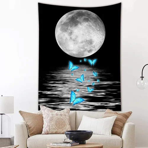 Vista 13 de LB Tapiz pequeño de luna llena sobre océano, tapiz de pared de cielo nocturno estrellado, fantasía 3D, arte de pared de luna grande en blanco
