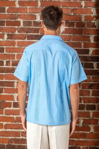 Vista 5 de Camisa de guayabera para hombre, cuatro bolsillos, manga corta, clásica, para vacaciones, boda, bordado, Pintuck, camisa relajada