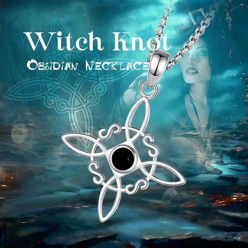 Vista 7 de Vito Juego de joyas de plata de ley 925 con nudo de bruja de obsidiana para mujer, Nudo de Bruja Plata 925, dije original para mujer, aretes