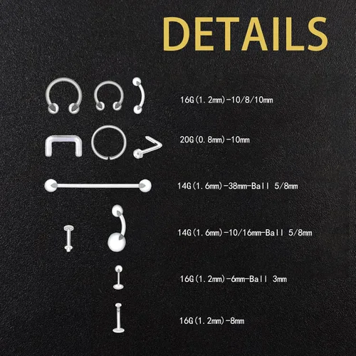 Vista 4 de Kit de 109 piezas de retenedores de piercings transparentes, nariz, tabique, ceja, labio, labio, labio, lengua, vientre, tragus, cartílago, anillos