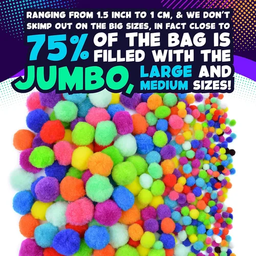 Vista 2 de 410 unidades – Pompones Jumbo para suministros de manualidades – 360 pompones peludos de colores grandes y pequeños surtidos con 50 ojos saltones