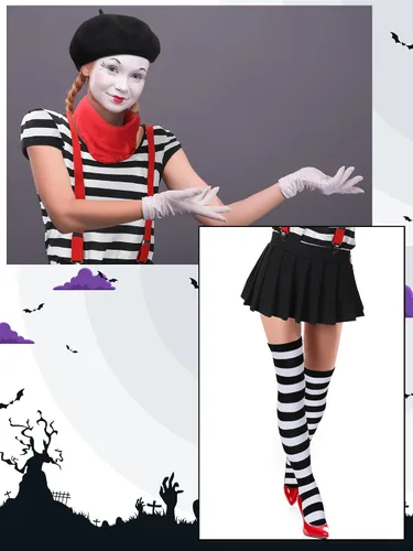 Vista 7 de Tisancy 7 piezas de disfraz de artista Mime para mujer, incluye falda tutú, camiseta a rayas, boina, tirantes, bufanda, guantes, calcetines