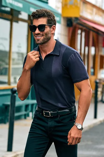 Vista 4 de Coutgo Camisas polo con cremallera para hombre, manga corta, a rayas, ajuste regular, cuello Fasion