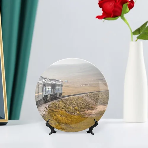 Vista 6 de Plato de tren ferroviario para decoración de pared de oficina en casa, plato decorativo con soporte de exhibición, adorno de cerámica, arte