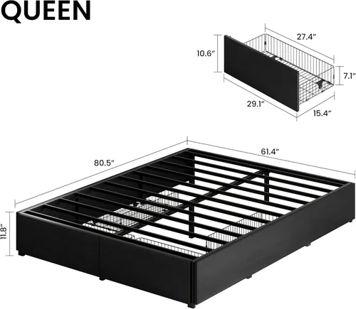 Vista 2 de LIKIMIO Queen Bed Frame with 4 Storage Drawers, Black Queen Size Platform Bed, Heavy Strong Metal Support, Solid Stable, Noise-Free, No Box Spring