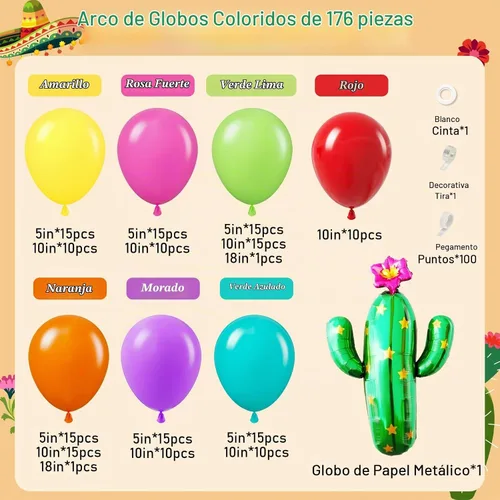 Vista 2 de Kit de guirnalda de globos de fiesta mexicana de 176 piezas con globos de aluminio amarillo, rosa intenso, verde lima, verde, naranja, morado, verde