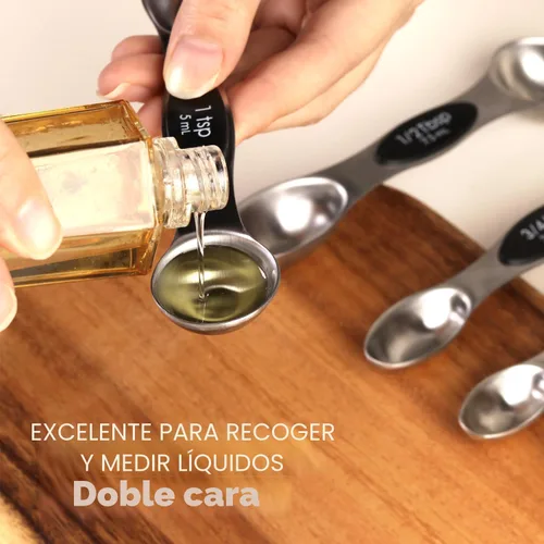 Vista 5 de ChefAide Paquete de 8 Cucharas Medidoras Magnéticas de Acero Inoxidable, de Doble Cara, Apilables, Cucharadita y Cucharada Medidoras Ajustables