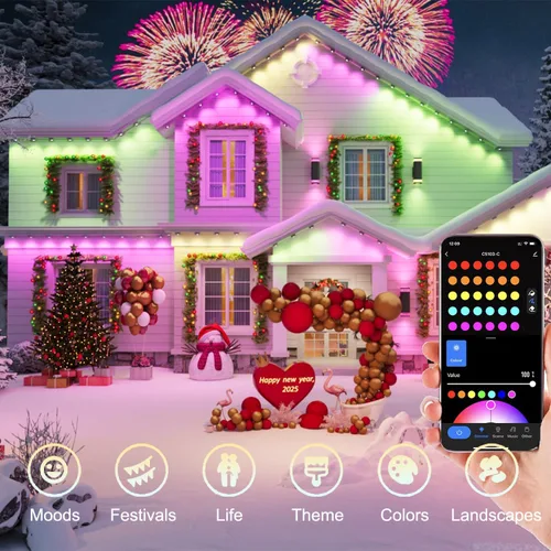 Vista 2 de Luz exterior permanente de 50 pies con 36 luces LED, luces de tejado inteligentes RGB que cambian de color, luces exteriores impermeables