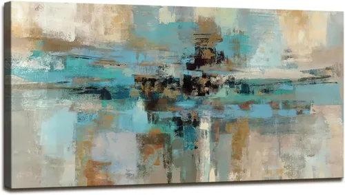 Vista 9 de DZL Art A74769 - Impresiones en lienzo abstractas para pared, pinturas artísticas azules y marrones, lienzo estirado de madera, enmarcado para sala